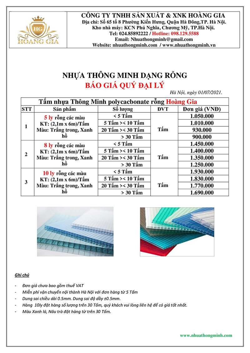 Báo giá nhựa thông minh rỗng ruột poly
