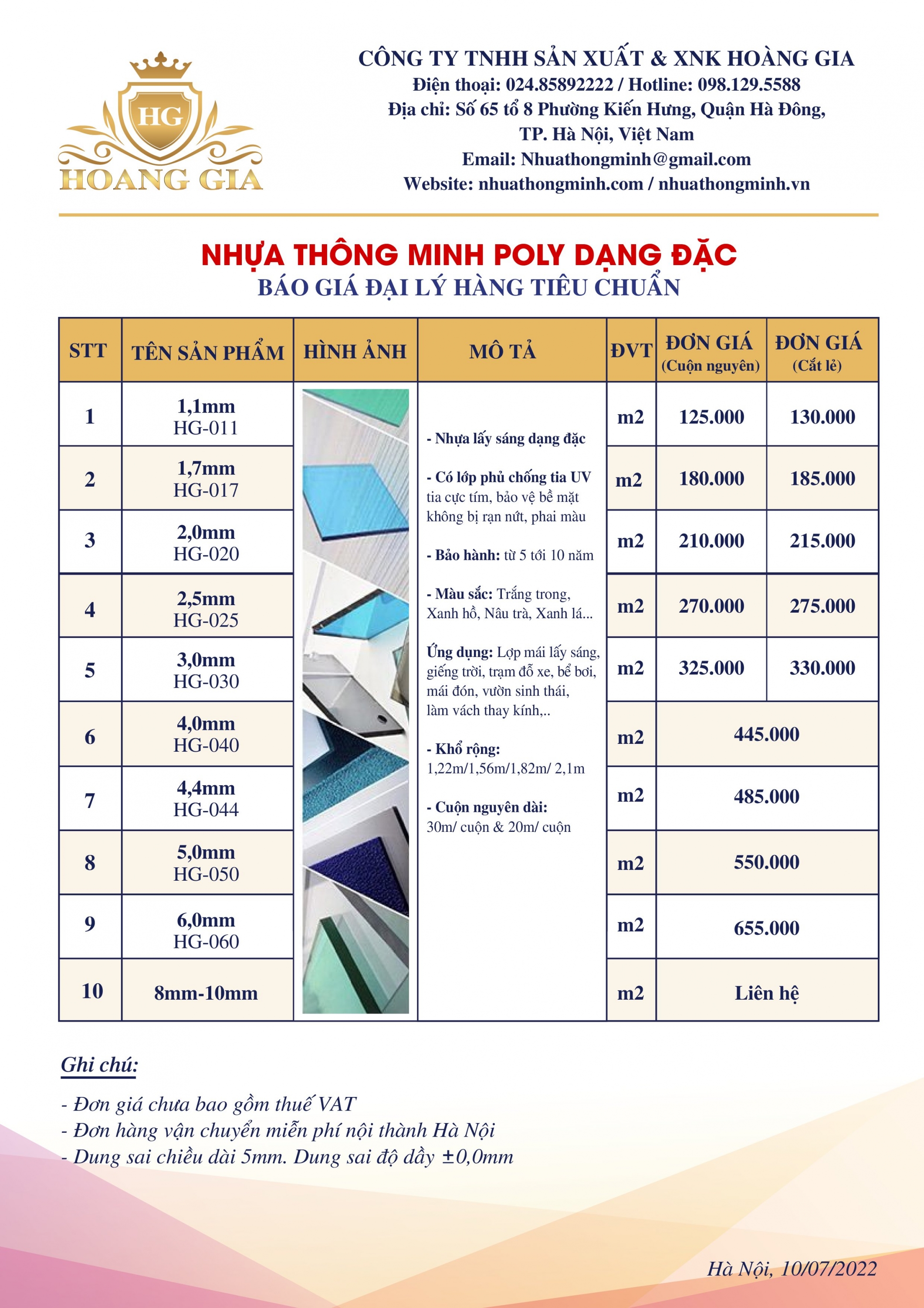Báo giá tấm nhựa thông minh poly uk 